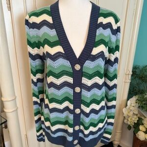 Chevron Knit Cardigan - Green, Blue, White
